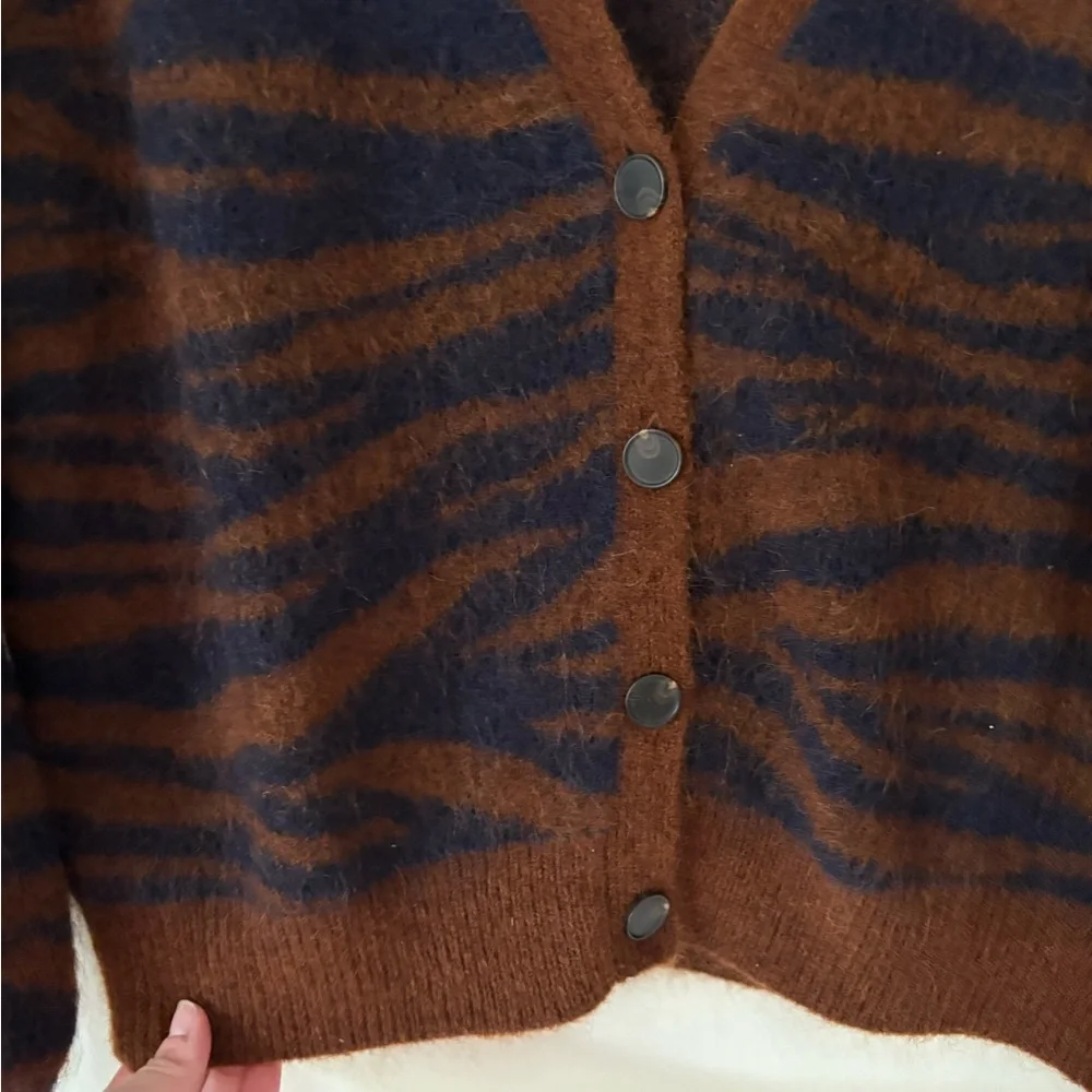 Sezane Rust and Navy Zebra-Striped Mohair Blend Cardigan